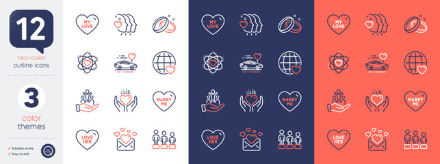 Set of Wedding rings, Atom and Love mail line icons. Include Friends couple, Love her, Honeymoon travel icons. Marry me, Inclusion, Hold heart web elements. Equality. For web, application. Vector