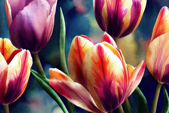 Watercolor tulips background. Digital illustration