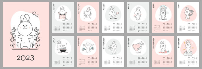 Wall calendar design template for 2023 year of the rabbit. Bunny calendar. Set for 12 months. Vector images with cute rabbits