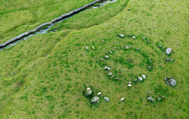 Gunnerkeld concentric stone circle near Shap, Cumbria. Granite stone prehistoric site. Inner circle...