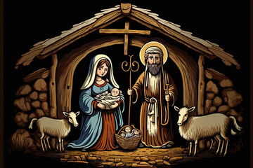 Fototapeta premium a nativity scene for Christmas including Mary, Joseph, and the infant Jesus. Generative AI