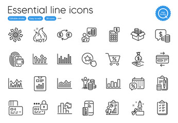 Hot sale, Lock and Budget profit line icons. Collection of Budget accounting, Bar diagram, Loyalty star icons. Credit card, Discounts calendar, Money diagram web elements. Checklist. Vector