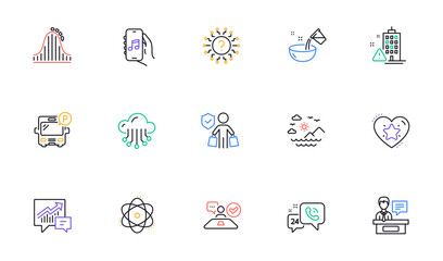 Atom, Exhibitors and Job interview line icons for website, printing. Collection of Question mark, Building warning, Sea mountains icons. Bus parking, Accounting, Music app web elements. Vector