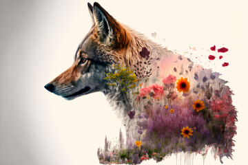 Double exposure generative Ai of a wolf and flowers.