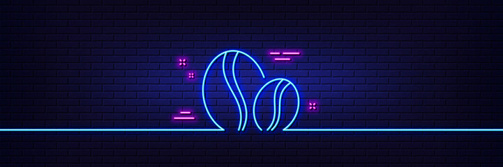 Neon light glow effect. Coffee beans line icon. Hot drink sign. Whole bean beverage symbol. 3d line neon glow icon. Brick wall banner. Coffee beans outline. Vector