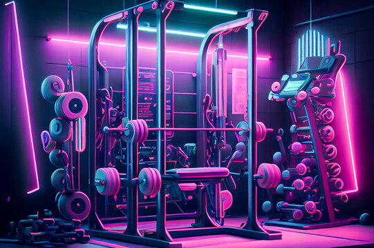 Modern gym interior with neon illumination, ai illustration