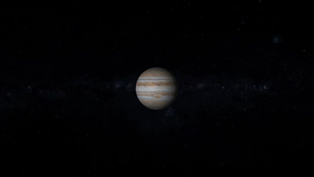 The Jupiter planet and Calisto, Europa, Ganymede,  rotation 360 , in the space.  star looping ,3d animation.