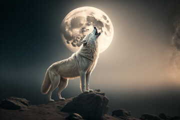 Generative Ai of white wolf howling at the moon.  - obrazy, fototapety, plakaty