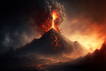 Generative Ai of an erupting volcano with lava