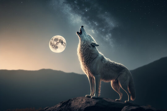 Generative Ai of white wolf howling at the moon. 