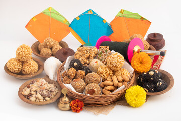 Indian Winter Delicacy viz. Tilgul, Til Mithai, Gajak, Chikki, Tilkut, Patang, Firki And Peanuts. Harvest Festival Makar Sankranti, Lohri, Uttarayan, Maghi, Poush Sankranthi Or Magh Bihu Theme