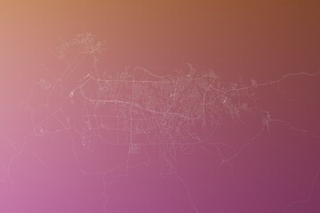 Map of the streets of Malabo (Equatorial Guinea) made with white lines on pinkish red gradient background. Top view. 3d render, illustration