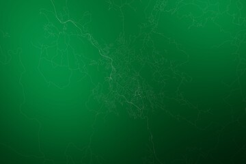 Map of the streets of Mbabane (Eswatini) made with white lines on abstract green background lit by two lights. Top view. 3d render, illustration