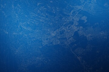 Stylized map of the streets of Nairobi (Kenya) made with white lines on abstract blue background lit by two lights. Top view. 3d render, illustration