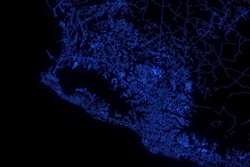 Street map of Monrovia (Liberia) made with blue illumination and glow effect. Top view on roads network