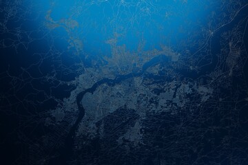 Street map of Bamako (Mali) engraved on blue metal background. View with light coming from top. 3d render, illustration