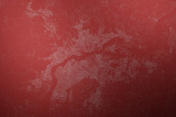 Map of the streets of Bamako (Mali) made with white lines on abstract red background lit by two lights. Top view. 3d render, illustration