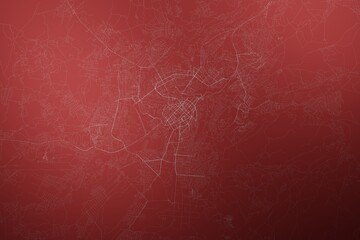 Map of the streets of Yerevan (Armenia) made with white lines on abstract red background lit by two lights. Top view. 3d render, illustration