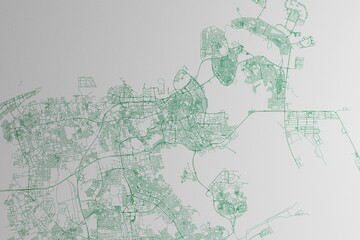 Map of the streets of Manama (Bahrain) made with green lines on white paper. 3d render, illustration