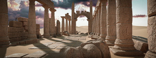3D illustration rendering. a ruined ancient Egyptian building in the desert