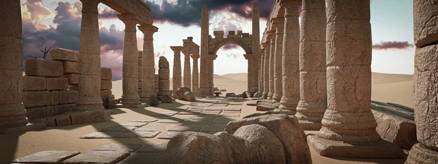 Fotobehang 3D illustration rendering. a ruined ancient Egyptian building in the desert © nonnie192