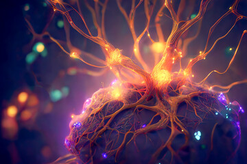 Neurons, brain cells, neural network concept, illustration - obrazy, fototapety, plakaty