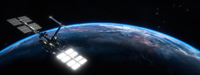 3D illustration. International space station on orbit of Earth planet. ISS. Dark background. Elements of this image furnished by NASA © nonnie192