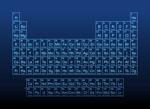 Periodic table of the elements. Blue colored periodic table of the chemical elements on dark blue background. Tabular display of the 118 known chemical elements with atomic numbers, names and symbols.