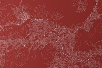 Map of the streets of Kitakyushu (Japan) made with white lines on red background. Top view. 3d render, illustration