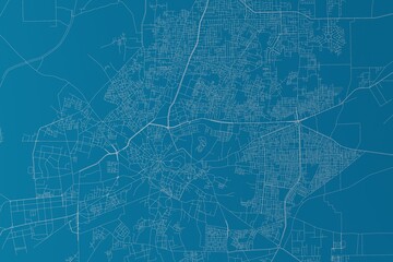 Map of the streets of Multan (Pakistan) made with white lines on blue background. 3d render, illustration