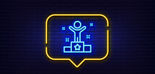 Fototapeta premium Neon light speech bubble. Winner podium line icon. Success sign. First place award symbol. Neon light background. Winner glow line. Brick wall banner. Vector