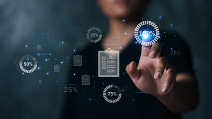 Woman hand sending the Individual income tax form online for tax payment with tax icon financial and calculation tax return, data analysis paperwork to report the government and state taxes.