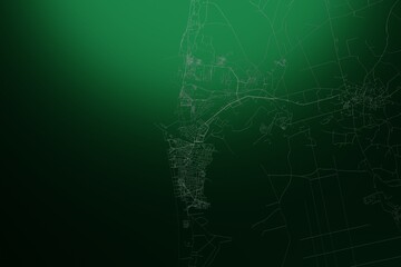 Street map of Liepaja (Latvia) engraved on green metal background. Light is coming from top. 3d render, illustration