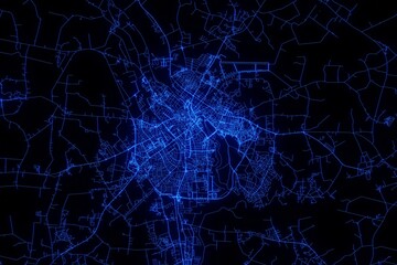 Street map of Tartu (Estonia) made with blue illumination and glow effect. Top view on roads network