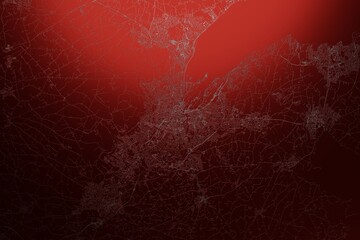 Street map of Belfast (UK) engraved on red metal background. Light is coming from top. 3d render, illustration