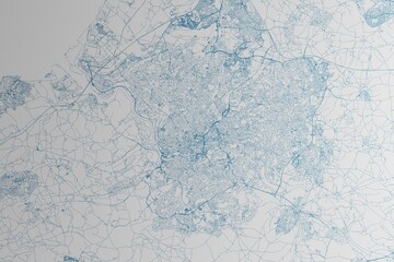 Fototapeta premium Map of the streets of Bristol (UK) made with blue lines on white paper. 3d render, illustration