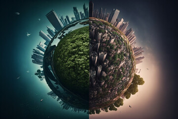 Generative Ai of planet earth with tall building and greenery. Tiny planet style. 