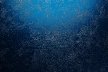 Street map of Manchester (UK) engraved on blue metal background. View with light coming from top. 3d render, illustration