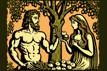 Fototapeta na wymiar Illustration of Adam and Eve Eating Forbidden Fruit in a Biblical Narrative. Generative AI