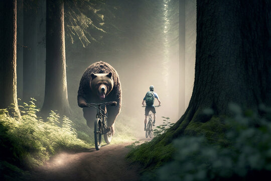 Generative Ai of a big brown bear riding a bicycle in a forest. 