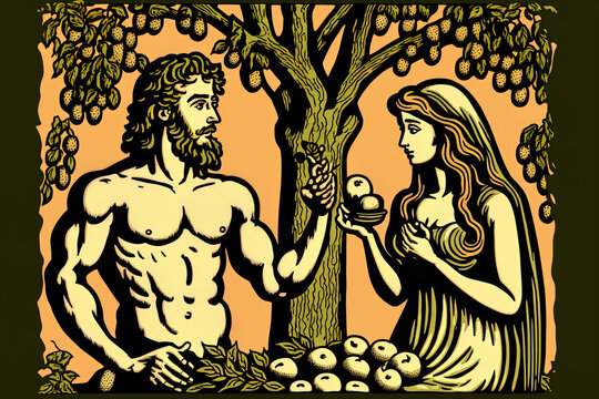 Illustration of Adam and Eve Eating Forbidden Fruit in a Biblical Narrative. Generative AI