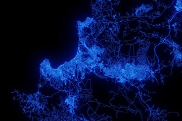 Street map of Vina del Mar (Chile) made with blue illumination and glow effect. Top view on roads network