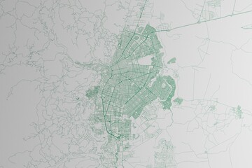Fototapeta na wymiar Map of the streets of Cali (Colombia) made with green lines on white paper. 3d render, illustration