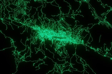 Map of the streets of Cusco (Peru) made with green illumination and glow effect. Top view on roads network. 3d render, illustration