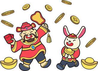 Hand Drawn Chinese Wealth God and Rabbit illustration
