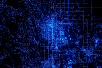 Obraz premium Street map of Fort Collins (Colorado, USA) made with blue illumination and glow effect. Top view on roads network