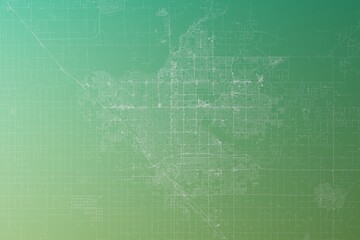 Map of the streets of Fresno (California, USA) made with white lines on yellowish green gradient background. Top view. 3d render, illustration