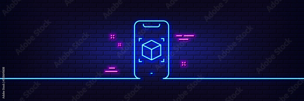 Poster neon light glow effect. augmented reality phone line icon. vr simulation sign. 3d cube symbol. 3d li