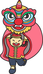 Hand Drawn Chinese lion dancing with Chinese boys illustration