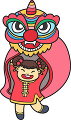 Hand Drawn chinese lion dance with chinese girl illustration